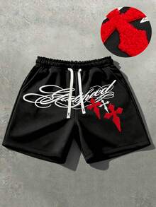 ROMWE MEN Goth 2026 Spring/Summer Heavy Towel Embroidery Casual Fashion Men's Shorts Sweatpants Unisex Couple Streetwear Pants - Black - View 1