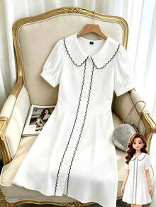 GlowEve CURVE Plus Size Women's Color Block Puff Sleeve Peter Pan Collar Scalloped Edge Casual Frenchy Elegant Dress Teachers' Day Dinner Party White Summer - Multicolor - View 4