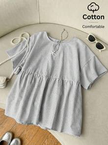 SHEIN EZwear 女士藏蓝色条纹梭织衬衫 - 藏蓝色 - 查看 1