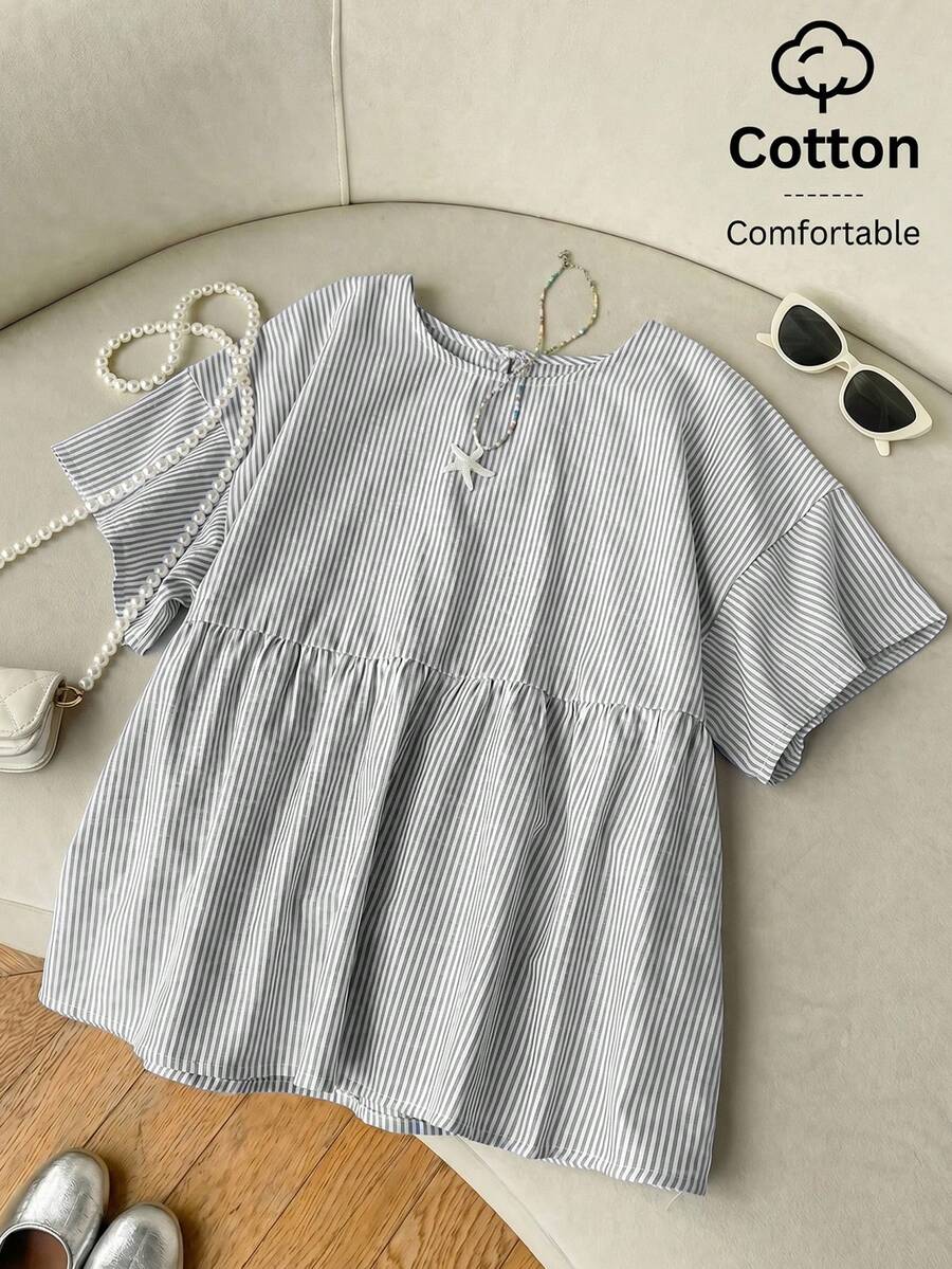 SHEIN EZwear 女士藏蓝色条纹梭织衬衫 - 藏蓝色 - 查看 1