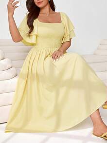 Solflare Vestido elegante de talla grande con mangas de volantes y volantes de unicolor, fiesta de té de verano amarillo pálido - amarillo ganso - Ver 3