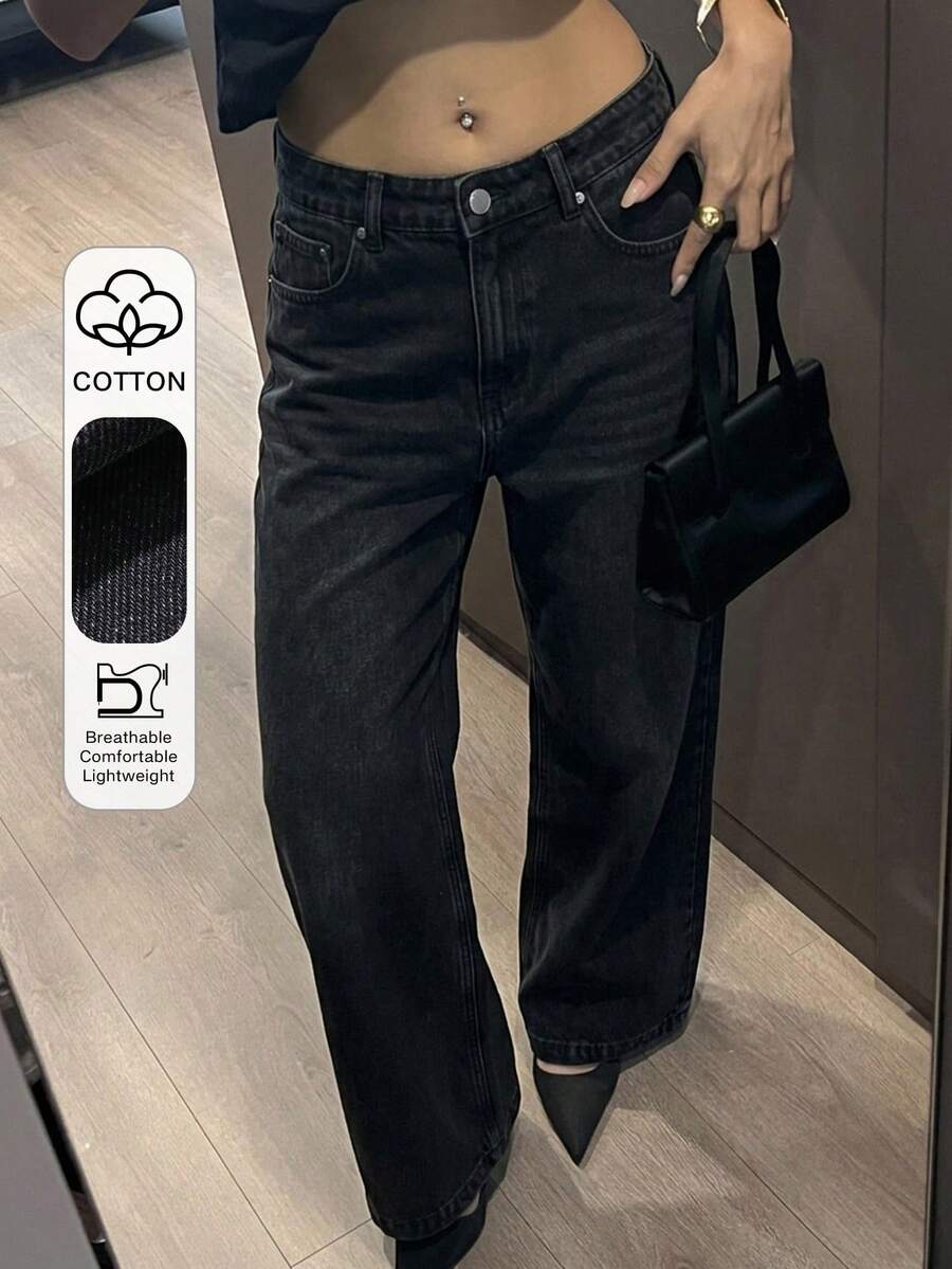 DAZY 女款寬鬆休閒水洗鈕扣口袋牛仔長褲 - 灰色 - 查看 1