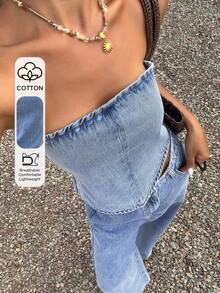 Livesso Women Casual Denim Tube Top And Pants Set - Blue - View 1