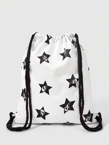 ROMWE Grunge Punk Mochila Punk Gótica con Patrón de Pentagrama y Segador, Gran Capacidad, Múltiples Bolsillos, Cordón, Versátil y Casual, Unisex, Adecuada para Desplazamientos y Socialización - Blanco y Negro - Ver 5