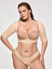 SHAPORA Bustier de manga corta con botones frontales y unicolor elástico para dar forma, talla grande - Beis - Ver 4