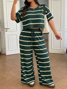 Solflare Plus Size Summer Dark Green T-Shirt And Long Pants Casual Medieval 2 Pieces Set Vacation - Dark Green - View 1