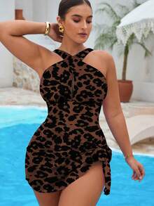 Slaydiva Conjunto de 2 piezas de traje de baño de una pieza con cuello halter colorido y falda de cobertura para mujer talla grande, para vacaciones en la playa - Café integral - Ver 4