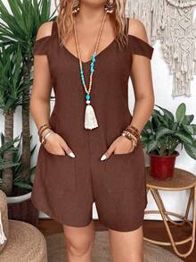 Breezaya Mono de mujer talla grande de color liso con textura, hombros descubiertos y bolsillos - Café integral - Ver 5