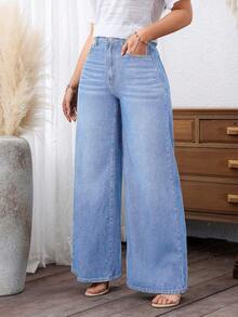 EMERY ROSE Plus Size Cowgirl Women's Spring Blue Non-Stretch Loose Wide Leg Jeans , Spring For Women - Light Wash - View 6