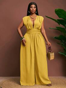 Veslaya Spring Summer Music Festival Easter St. Patrick's Day Tropical Vacation Wedding Guest Sleeveless V-Neck Loose Plus Size Jumpsuit - Mustard Yellow - Pale Yellow - View 4