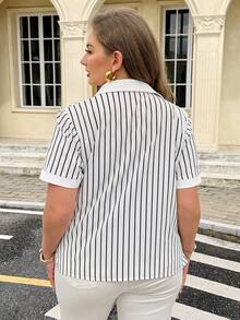 Easura Plus Size Women's Striped Colorblock Casual Versatile Daily Outing Short Sleeve Shirt - Black and White - View 2
