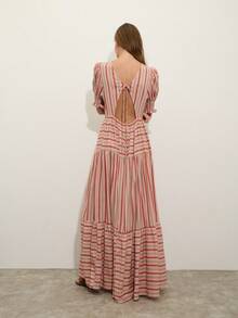 Nöista Vestido midi a rayas con mangas abullonadas y puños fruncidos con rayas en diferentes direcciones - Rosa vieja - Ver 2