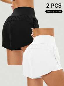 SHEIN Velisys Celana Pendek Olahraga Pinggang Tinggi dengan Belahan di Bagian Bawah untuk Tahun Baru Imlek - Hitam dan Putih - View 3