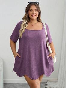 SHEIN CURVE+ Curve 大尺碼女裝/秋季女裝/冬季女裝/大尺碼方領不對稱下擺口袋短袖T恤黑色上衣 8XL 6XL 5XL 大尺碼女裝上衣，女款度假穿搭秋季冬季 CURVE PLUS - 紫色 - 查看 3