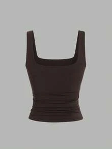 Sweetra Women's Solid Color Square Neck Pleated Fitted Casual Tank Top - Multicolor - View 4