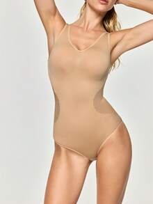 SHAPORA Women's Solid Color V-Neck Shapewear Jumpsuit - Apricot - View 2
