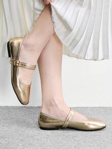 CUCCOO BIZCHIC Spring And Autumn Metal Buckle Contrasting Color Hemming Round Toe Flat Bottom, Retro Style Mary Jane Shoes Commuting Shopping - Gold - View 5