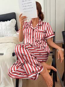Softscene Faux Silk Bow Heart Letter Print Lapel Short Sleeve Long Pants Pajama Set - Red - View 4