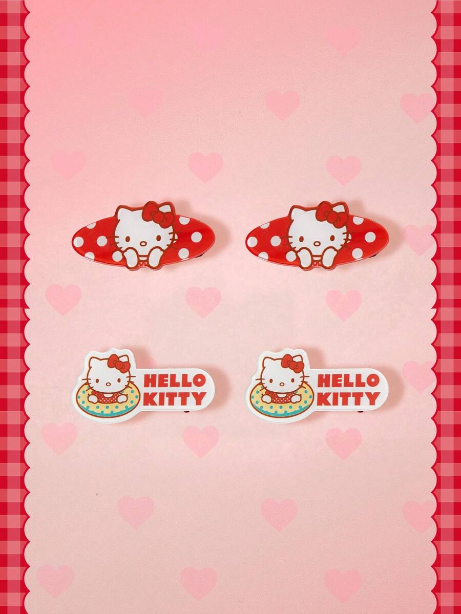 HELLO KITTY AND FRIENDS | SHEIN 4件組 Sanrio 女款可愛波點游泳圈小貓裝飾髮夾 - 紅色 - 查看 1