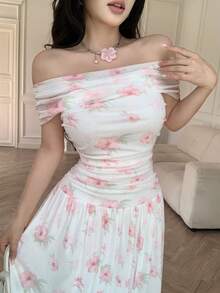 Modelyn Floral Pattern Off-Shoulder Cinched Waist Fitted Midi Dress For Women - Pink - View 2