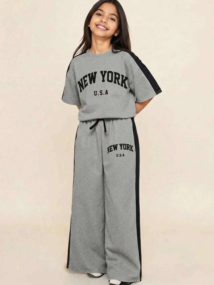 Conjunto de camiseta de cuello redondo holgada y cómoda con parches y pantalones de contraste de color para niñas preadolescentes - Multicolor - Ver 1