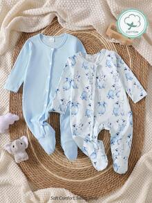 新生兒長袖連身衣一體式水彩大象印花素色面料舒適睡衣家居服套裝 媽媽與寶寶的最愛 - 彩色 - 查看 3