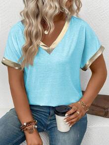 EMERY ROSE Women's Spring/Summer New Casual Elegant V-Neck Short Sleeve Patchwork Coated Trim Design Plus Size T-Shirt Formal Bussines Light Blue - Baby Blue - View 5