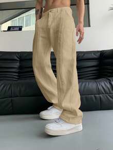 Manfinity Hypemode Pantalones rectos con bolsillos en ángulo para hombres, otoño - Caqui - Ver 1