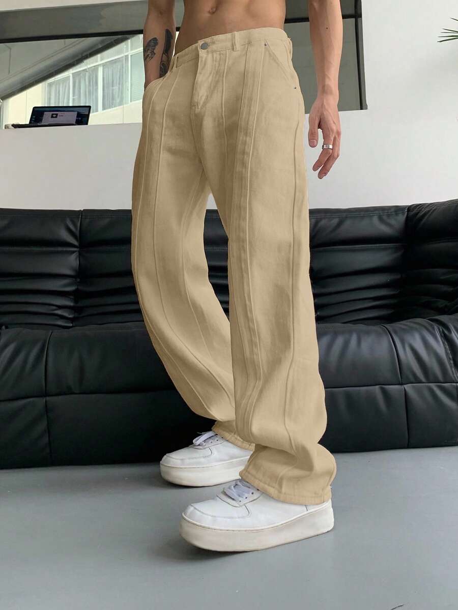 Manfinity Hypemode Pantalones rectos con bolsillos en ángulo para hombres, otoño - Caqui - Ver 1