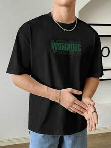 SWAVVY Loose Men's Elastic Knit T-Shirt With Slogan Print - Black - View 6