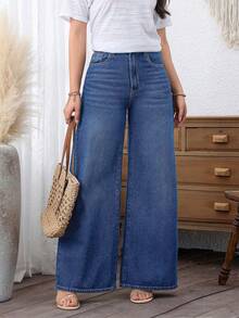EMERY ROSE Cowgirl Plus Size Women's Spring Blue Non-Stretch Loose Wide Leg Jeans , Spring For Women - Medium Wash - View 8