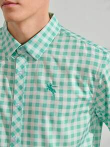 VeloEdit Men Casual Vacation Plaid Small Icon Front Single-Breasted Comfortable Long Sleeve Fashion Shirt & Patched & Embroidery, Old Money & Boyfriend - Mint Green - View 8