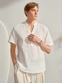 VeloEdit Men's White Solid Short Sleeve Woven Loose Fit Shirt, Pocket, Button, Button Front, Summer, Button Down Shirt, Lightweight, Breathable, Cool, Casual Matching CoupleFall Winter - White - View 4