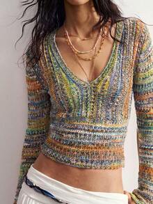 Bohemela Women's V-Neck Long Sleeve Colorblock Fashion Knit Top - Multicolor - View 6