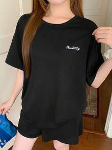 DAZY Damen Kurzarm Top und Shorts Loungewear Set Sommer Pyjama - Schwarz - Übersicht 3