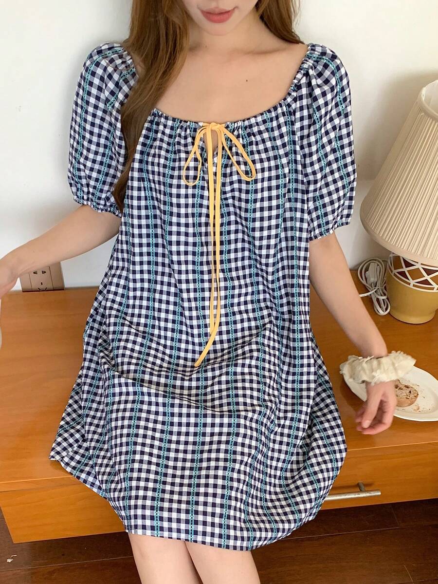 DAZY Vestido de dormir casual diario para mujer con estampado a cuadros y tachuelas, verano - Amarillo - Ver 1