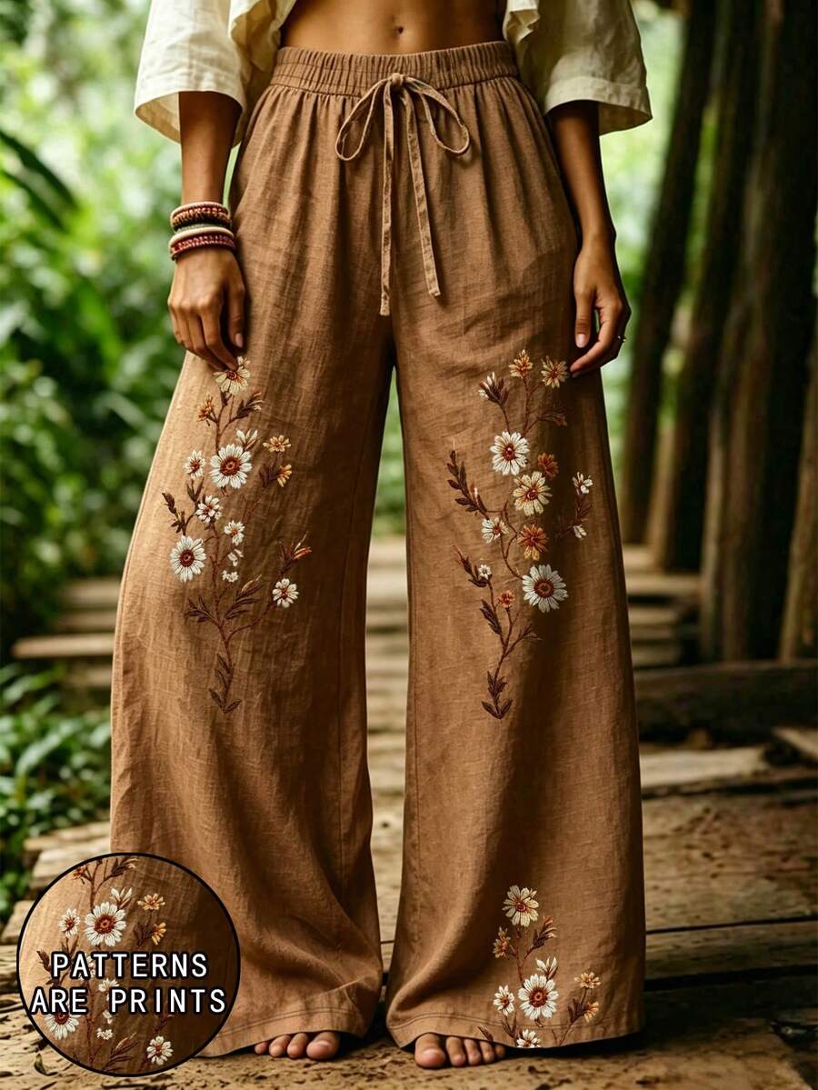 Selamara 波希米亞風咖啡色雛菊仿刺繡長褲,夏季復古田園高腰彈性腰鬆身垂墜寬腿褲 - 彩色 - 查看 1