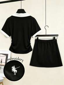 GlowEve CURVE Plus Size Collared Waist Cinching Short Sleeve Shirt, 2 Pieces Set - Black - View 2