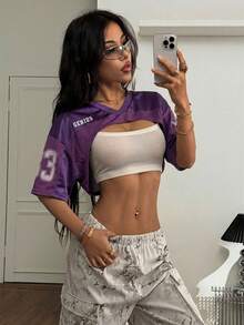 Coolane Women's Mesh Spliced Satin Print Short Sleeve Cropped Sliver Top,Summer Top - Purple - View 4