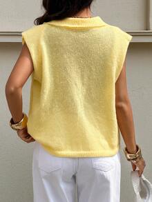 Siren Gaze Chaleco de punto ligero estilo francés, corte holgado, amarillo pálido, suave, con cuello, botones delanteros, versátil, casual, minimalista, ropa de trabajo, uso diario, otoño - Amarillo - Ver 2