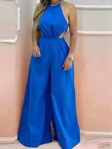 INAWLY Jumpsuit Kasual Model Halter Neck dengan Tali di Belakang dan Potongan Lurus untuk Wanita - Biru - View 3