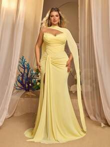 Glamrae Plus Size Elegant Glamorous Luxurious Sequin Lace Embroidery Patchwork Stretch Knit Mesh Off-Shoulder Sleeve Oversized Flare Wedding Event Formal - Yellow - View 5