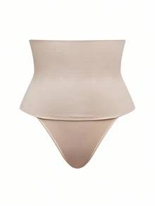 SHEIN 女士纯色无缝高腰塑形丁字裤 - 米色 - 查看 4