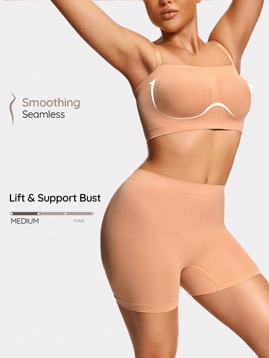 SHAPORA Women's Solid Color Cropped Camisole And Shorts Shapewear Set - Apricot - View 1