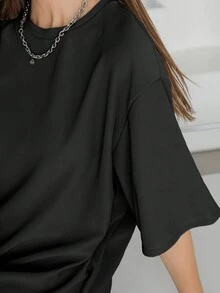 DAZY 春夏秋圓領短袖寬鬆純色黑色網布拼接女款中長洋裝 - 黑色 - 查看 4