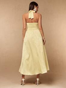 Silquee This Pale Yellow, Backless, Belted A-Line Elegant Party Dress Is Perfect For Romantic Dates, Beach Vacations, Weddings, Dinners, And Other Occasions, - Light Yellow - View 2