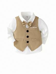 2pcs Khaki Vest Set For Baby Boys,White Summer Elegant Wedding Outfit,V-Neck Vest & Elastic Waist Pants For 1st Birthday Party,Formal Occasions - Multicolor - View 6