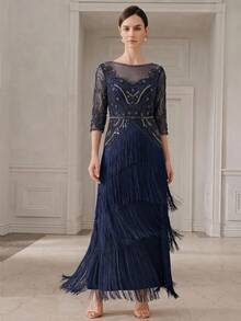Anewsta Robe élégante abricot pour femmes printemps/été, tenue élégante robe de soirée, robe de mode à franges avec perles et paillettes, robe de soirée, robe longue - Bleu marine - Voir 4