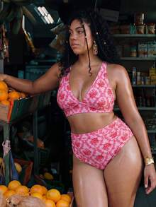 Swim Mod 2026 New Summer Plus Size Women 2pcs Random Print High Waist Triangle Bikini Bottom Ruched Casual Swimsuit Set - Pink - View 5