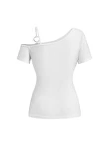 ROMWE Avant Spring/Summer Women's Y2K Retro Streetwear Sexy Slogan Metallic Decor Rhinestone Print T-Shirt - White - View 2